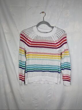 Talbots White Open-Knit Crewneck Sweater with Rainbow Stripes